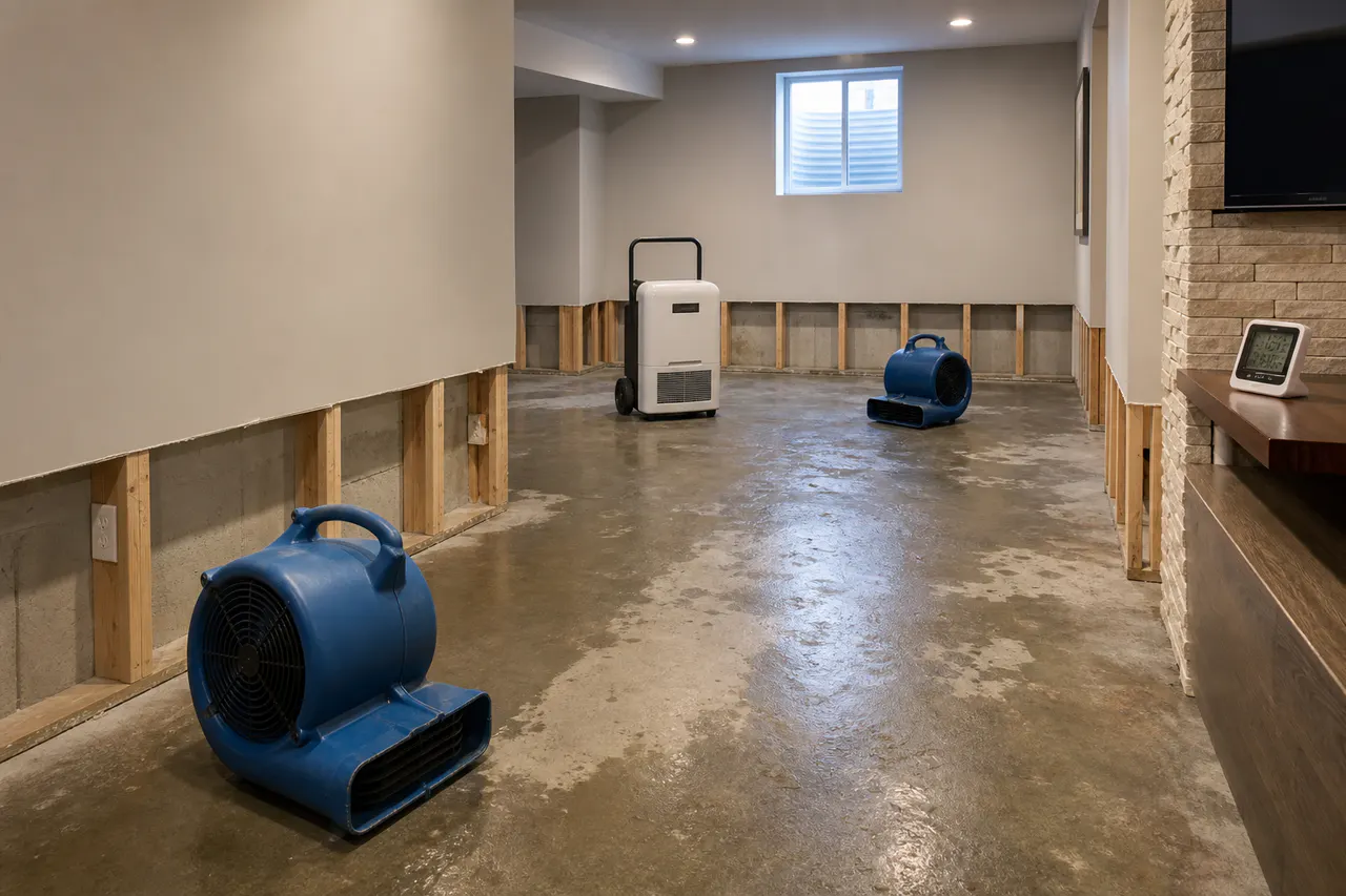 Air movers and a dehumidifier drying an extracted basement
