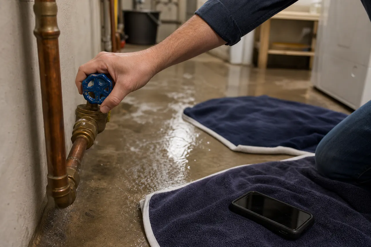 Homeowner shutting off the main water valve after a pipe burst