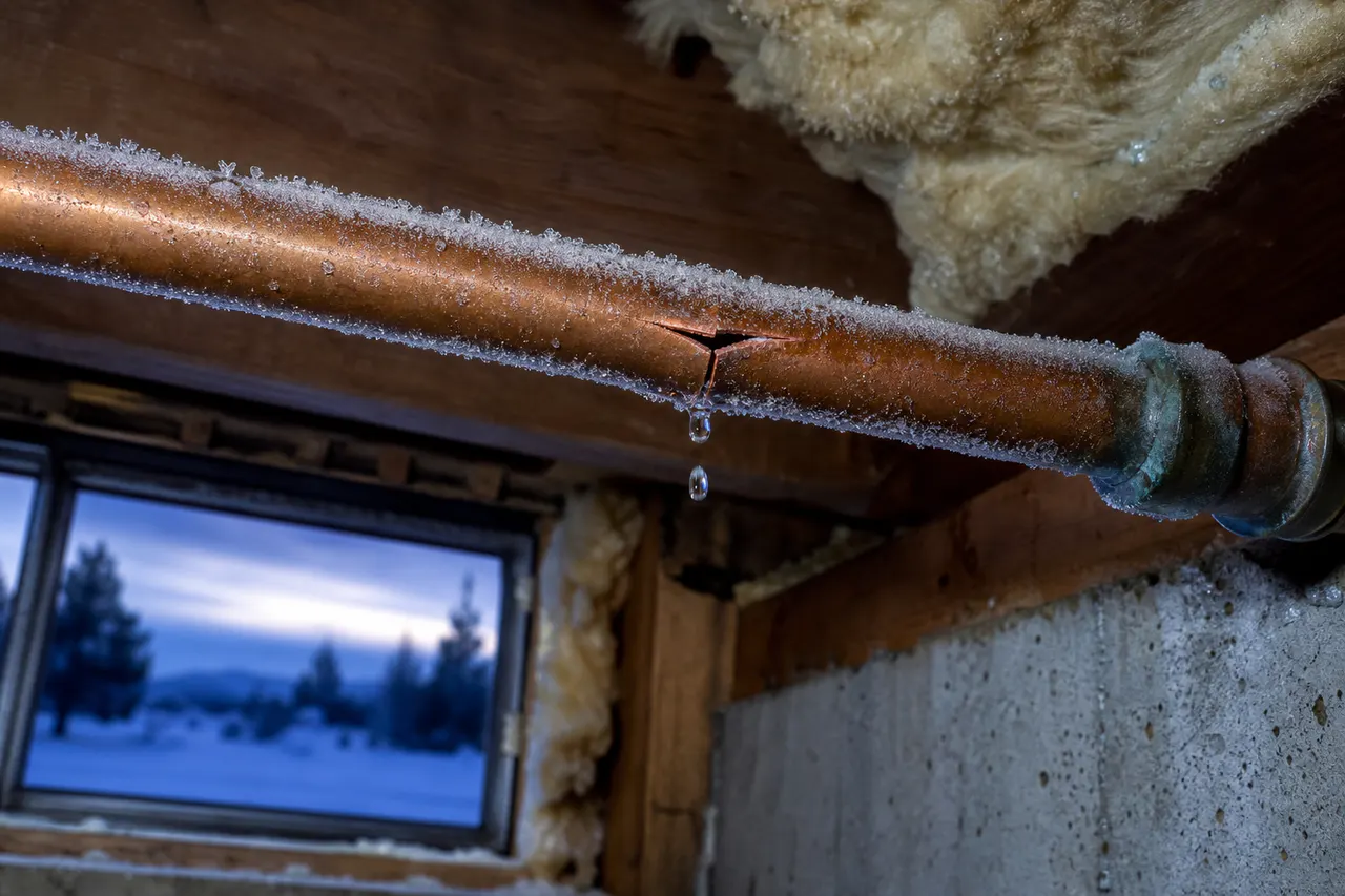 Frost-covered split copper pipe during an Eastern Idaho cold snap
