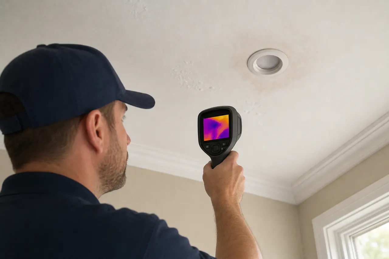 Technician using a thermal camera to inspect subtle ceiling water damage