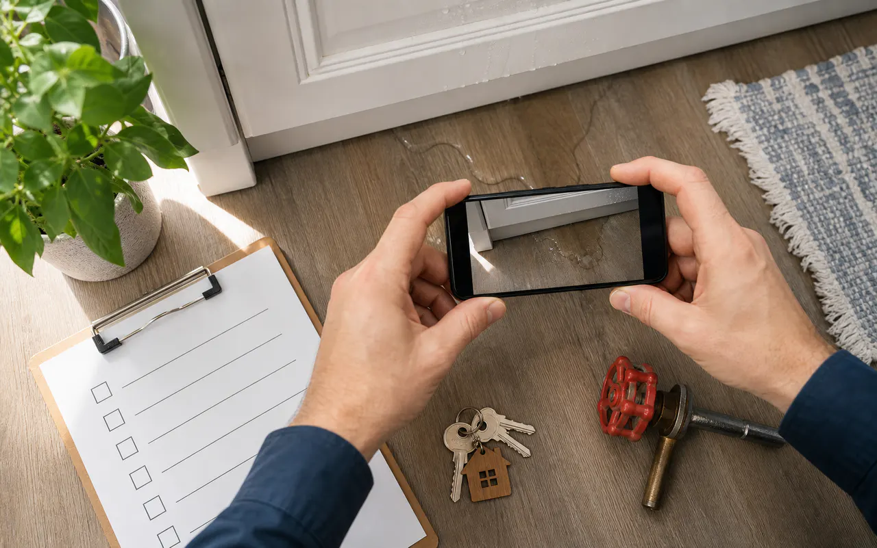 Homeowner photographing a sudden kitchen leak for insurance documentation