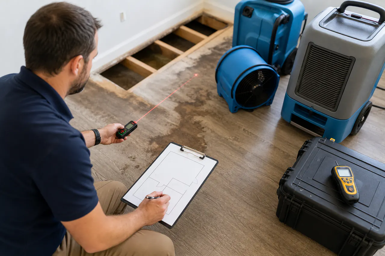 Restoration estimator measuring and documenting a damaged flooring area