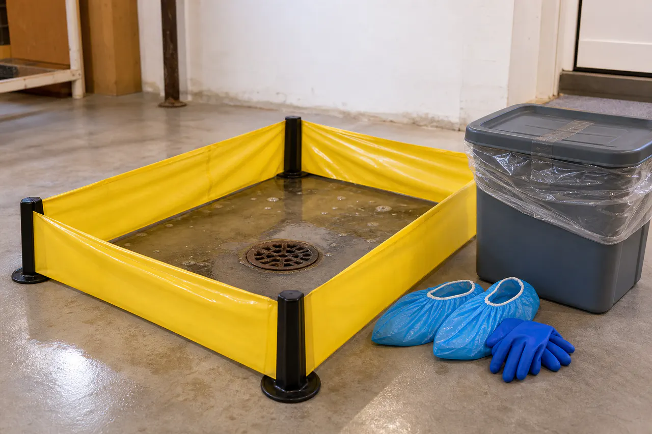 Professionally contained basement floor drain backup with protective equipment