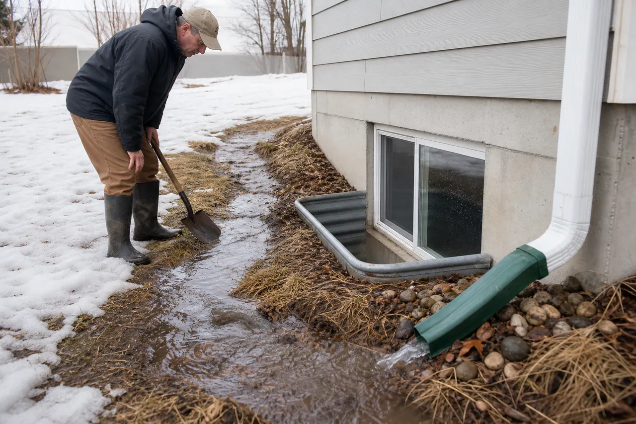 Snowmelt runoff approaching a basement window well in early spring