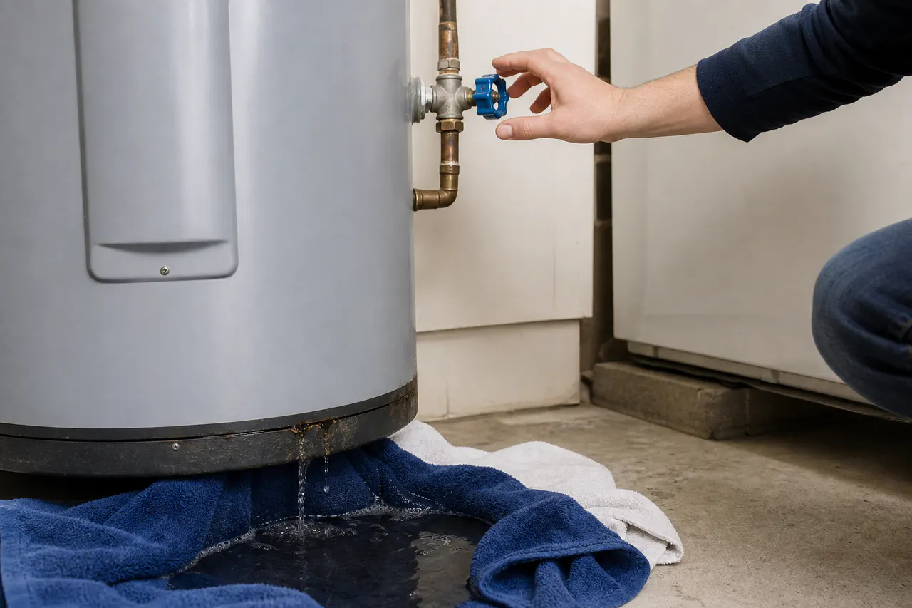 Homeowner reaching for the shutoff valve above a leaking water heater