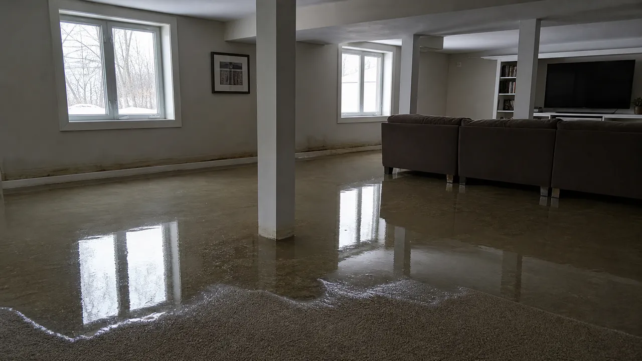 Finished basement covered by standing water