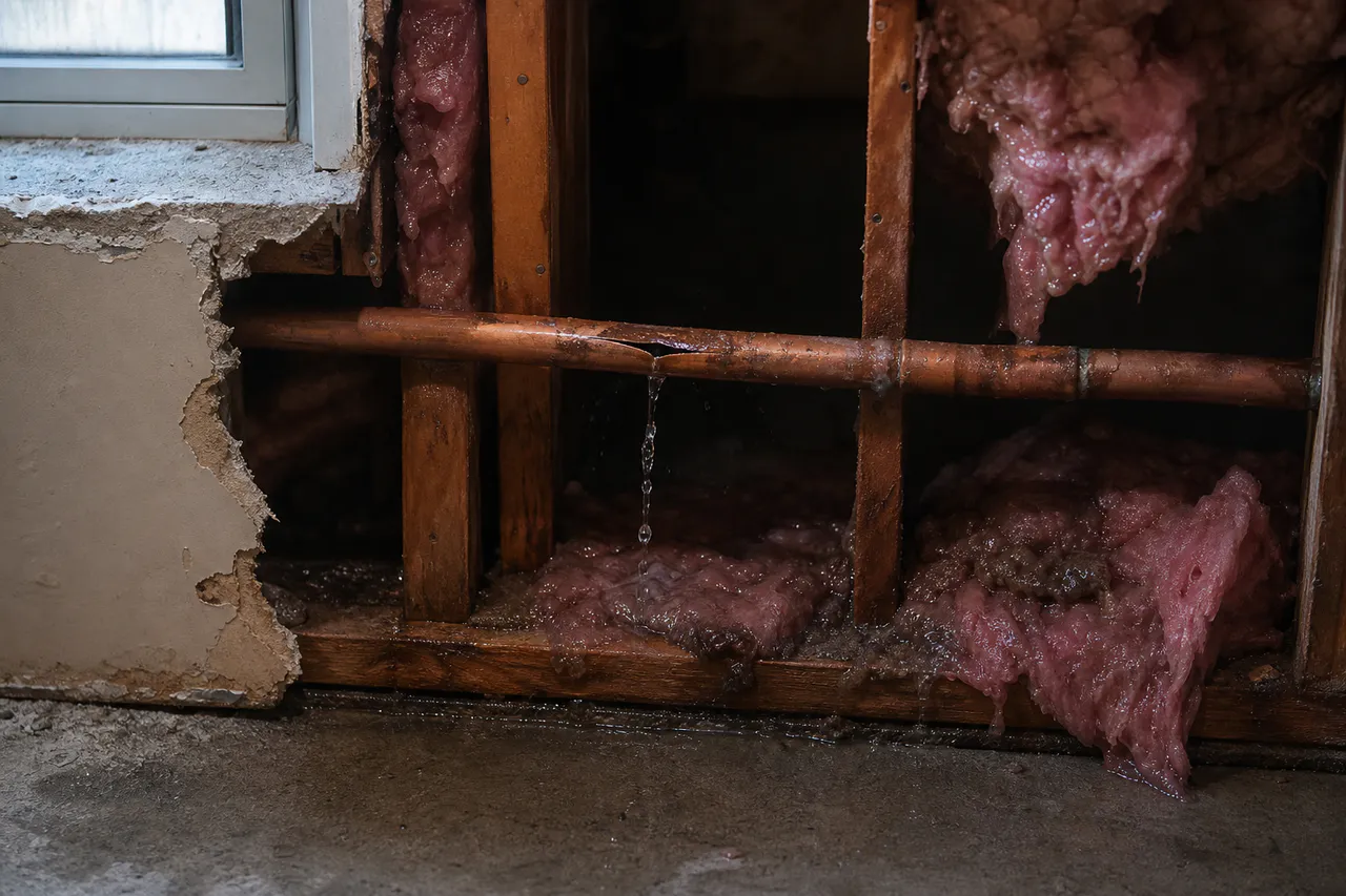 Split copper pipe dripping inside a wet wall cavity