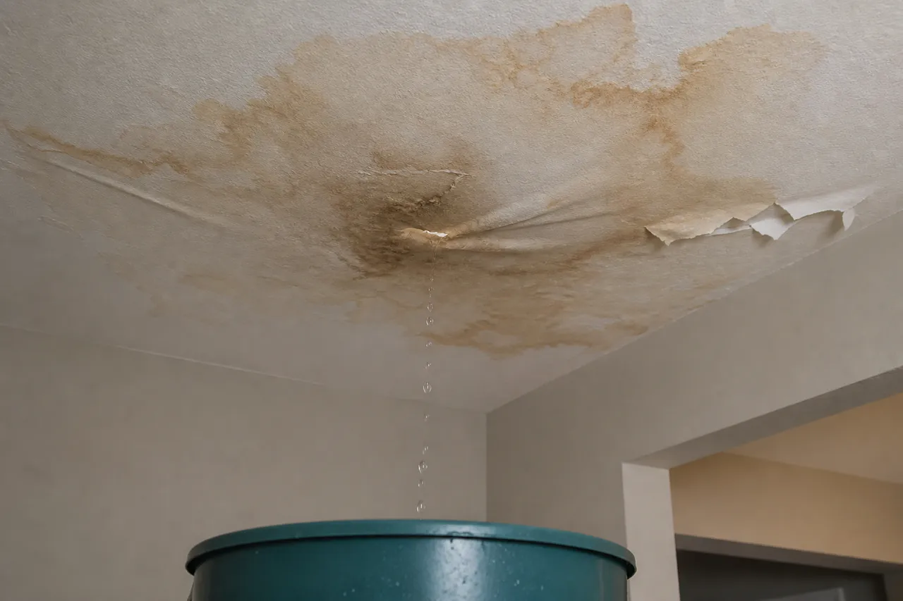 Water-stained sagging ceiling dripping into a bucket
