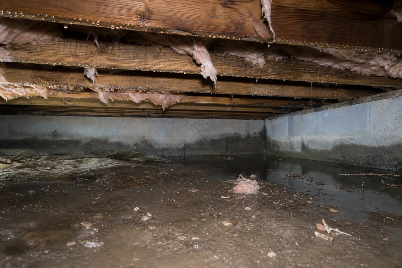 Wet crawl space with condensation and sagging insulation