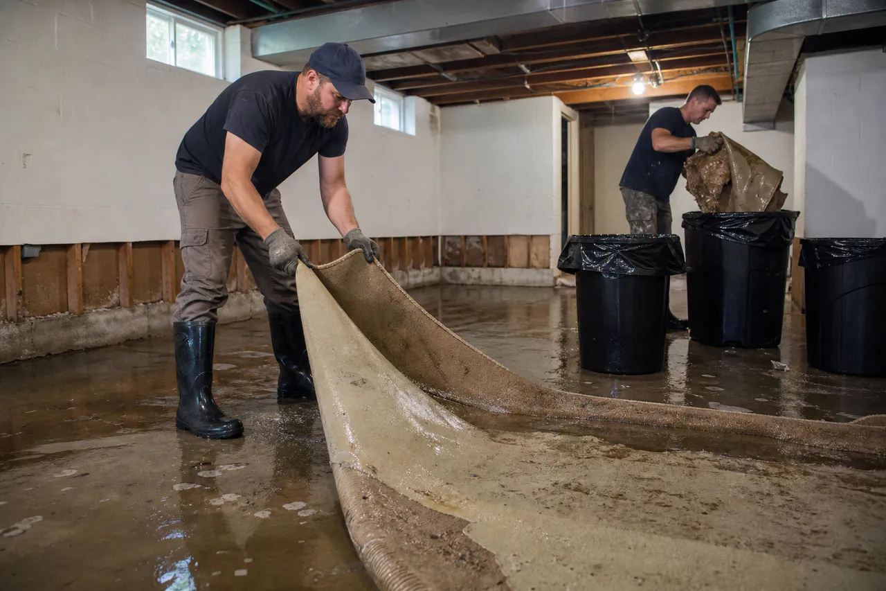 Workers removing waterlogged carpet during basement flood cleanup