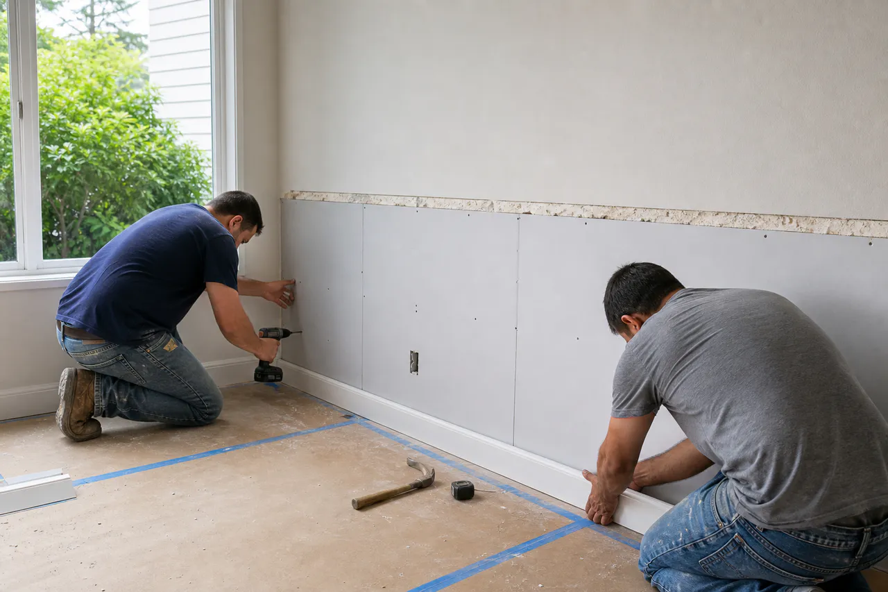 Workers replacing lower drywall and baseboard after water damage