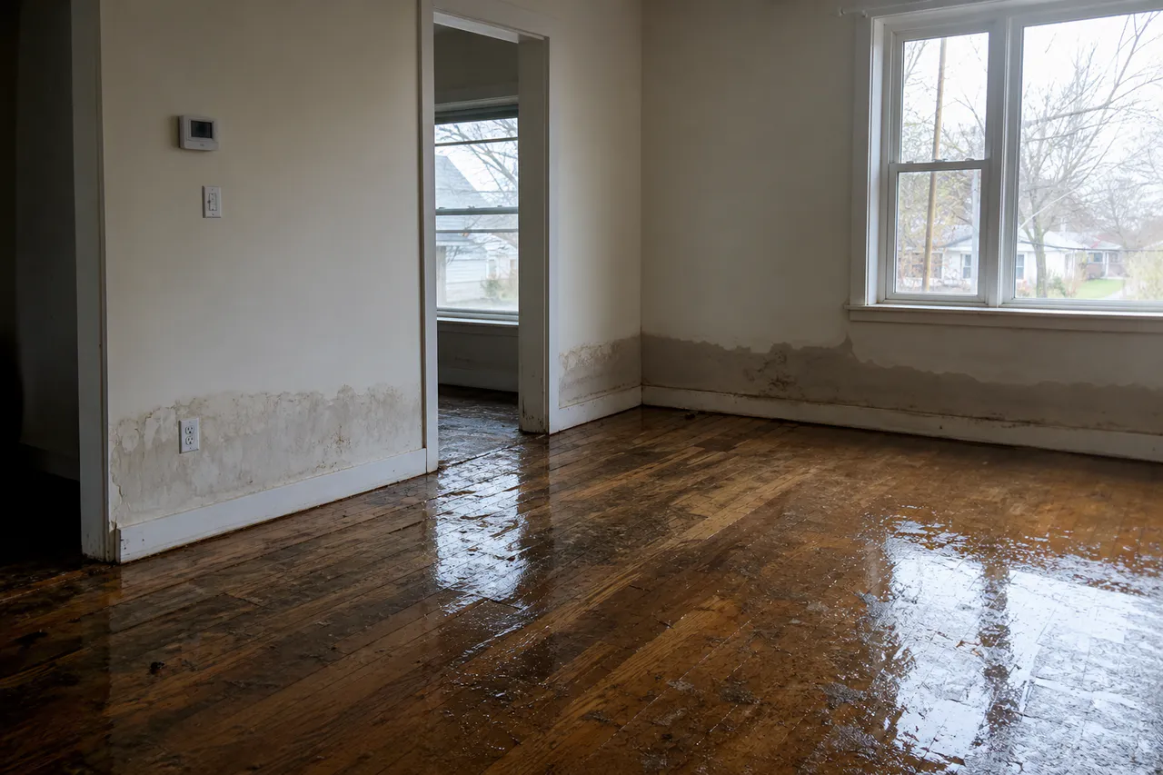 Standing water and saturated walls after residential water damage