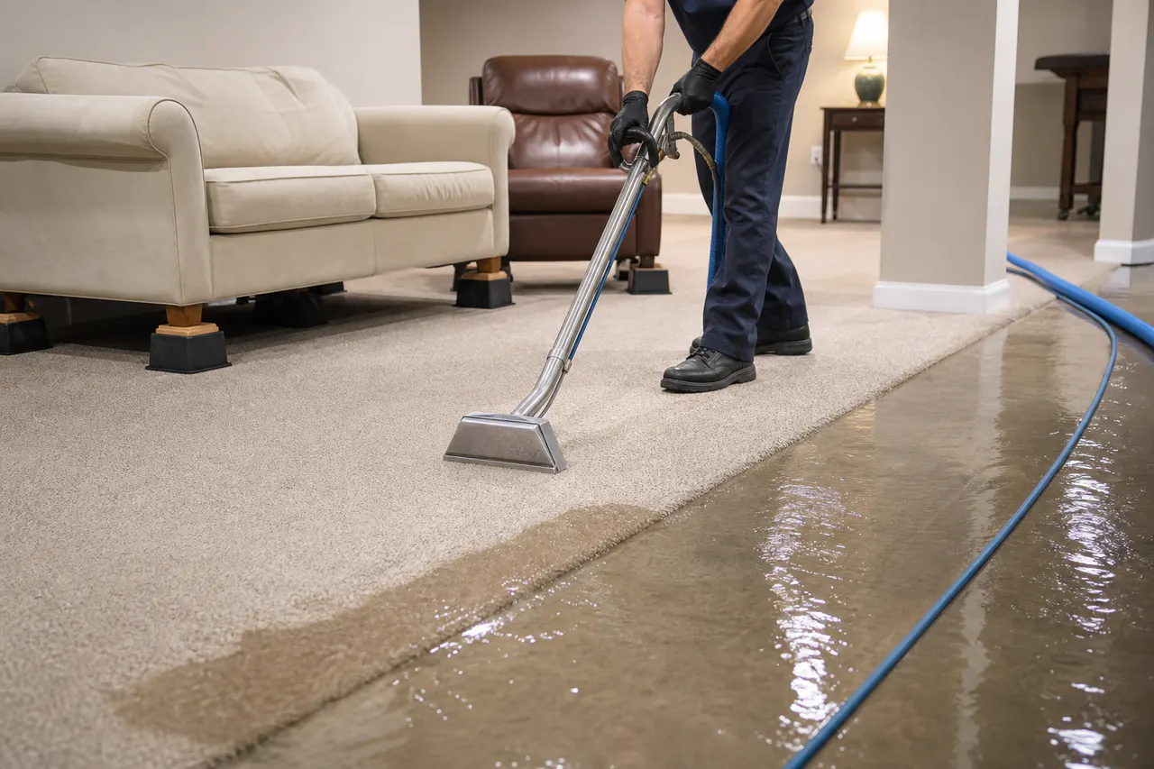 Technician extracting clean water from a finished basement carpet