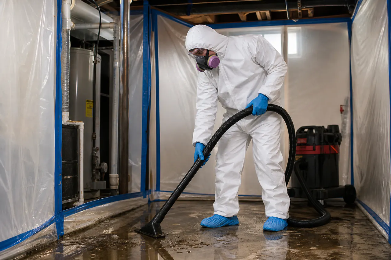 Cleanup technician in protective equipment working inside containment