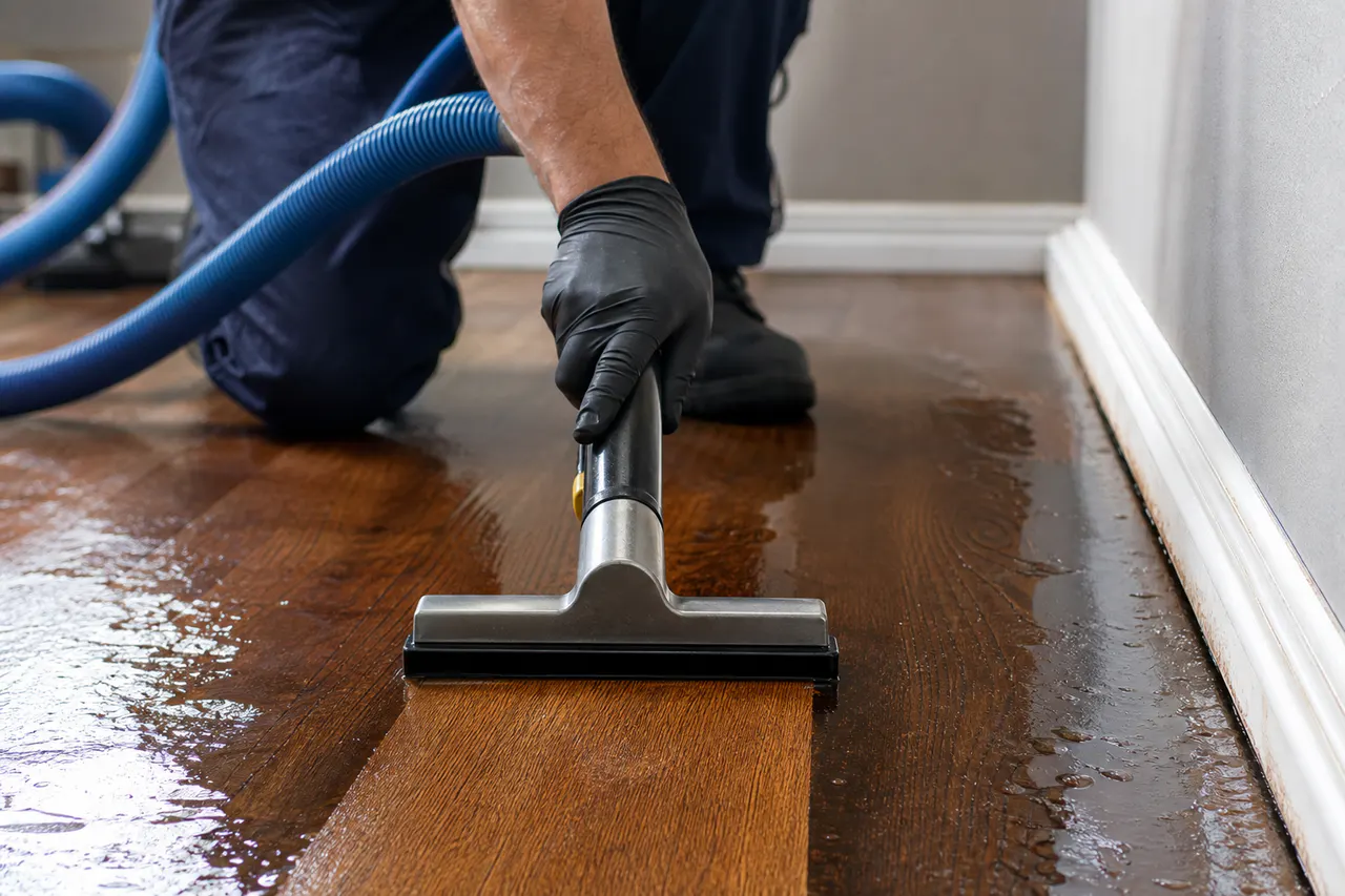 Professional extraction tool removing water from hardwood flooring